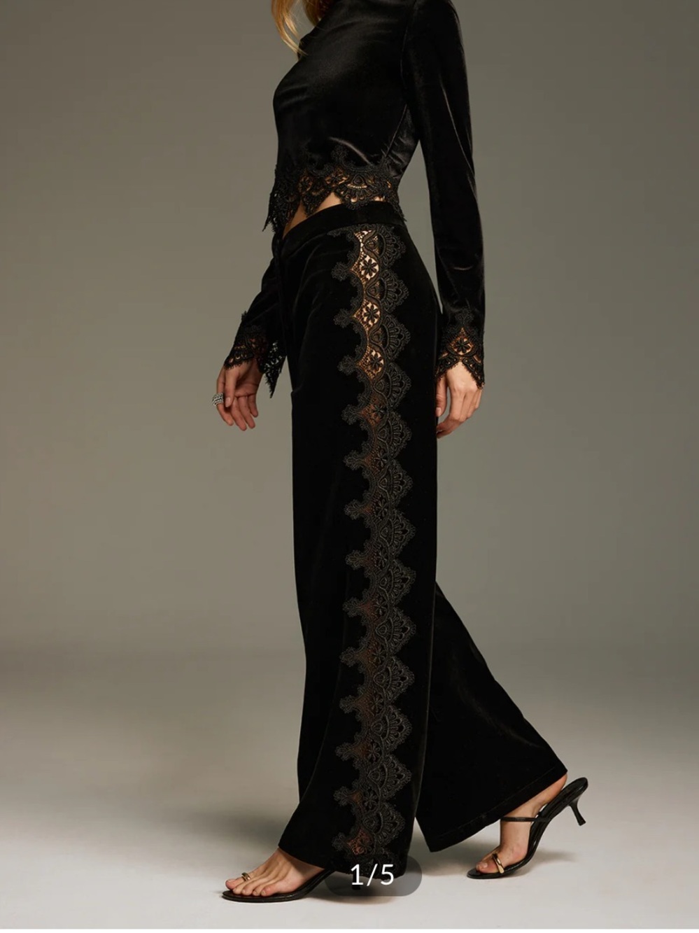 COMMENSE Velvet straight leg pants with Lace Panel - Picture 1 of 7